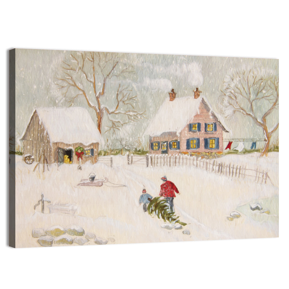 Snowy Farmhouse Illustration Wall Art, canvas print, landscape