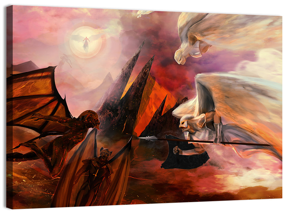 Celestial Battle: Angels and Demons Wall Art, canvas print, landscape