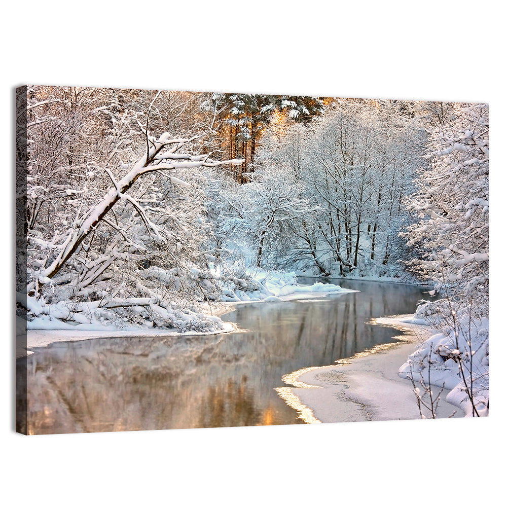 Snow-covered Stream at Golden Hour Wall Art, canvas print, landscape