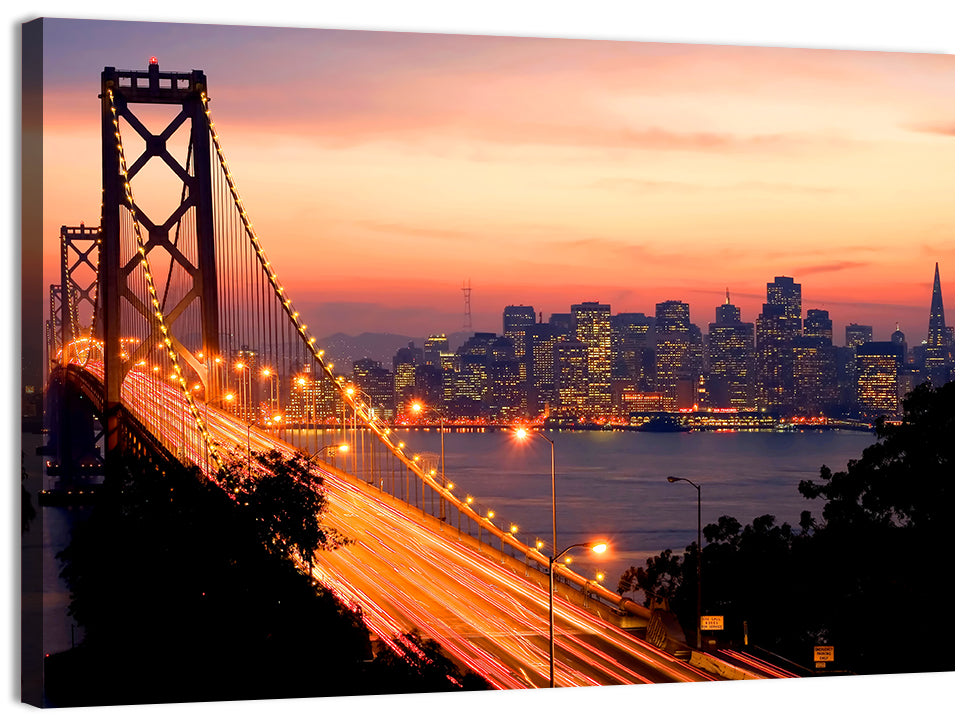 Bay Bridge Light Trails at Sunset Wall Art, canvas print, landscape