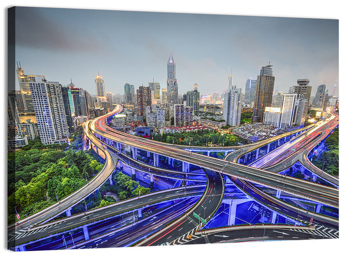 Shanghai Dusk Interchange Cityscape Wall Art as a canvas print