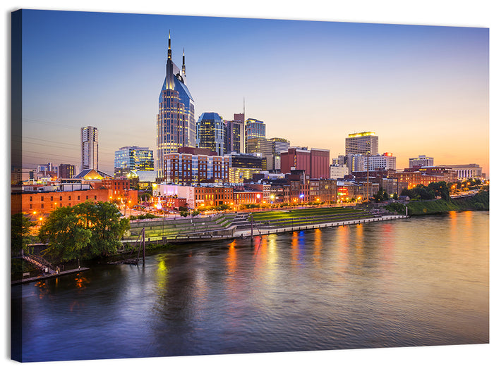 Nashville Skyline Over the Cumberland River Wall Art as a canvas print