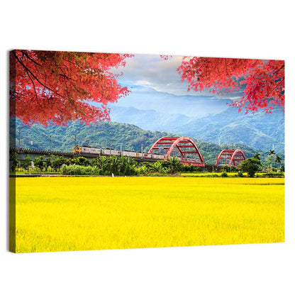 Autumn Train Over Taiwan Rice Fields Wall Art