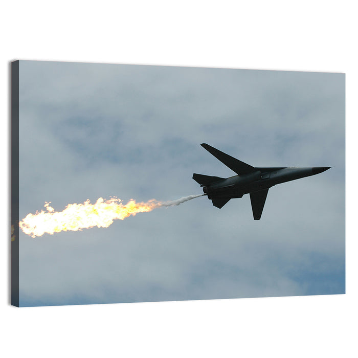 Fighter Jet with Flaming Exhaust Wall Art as a canvas print