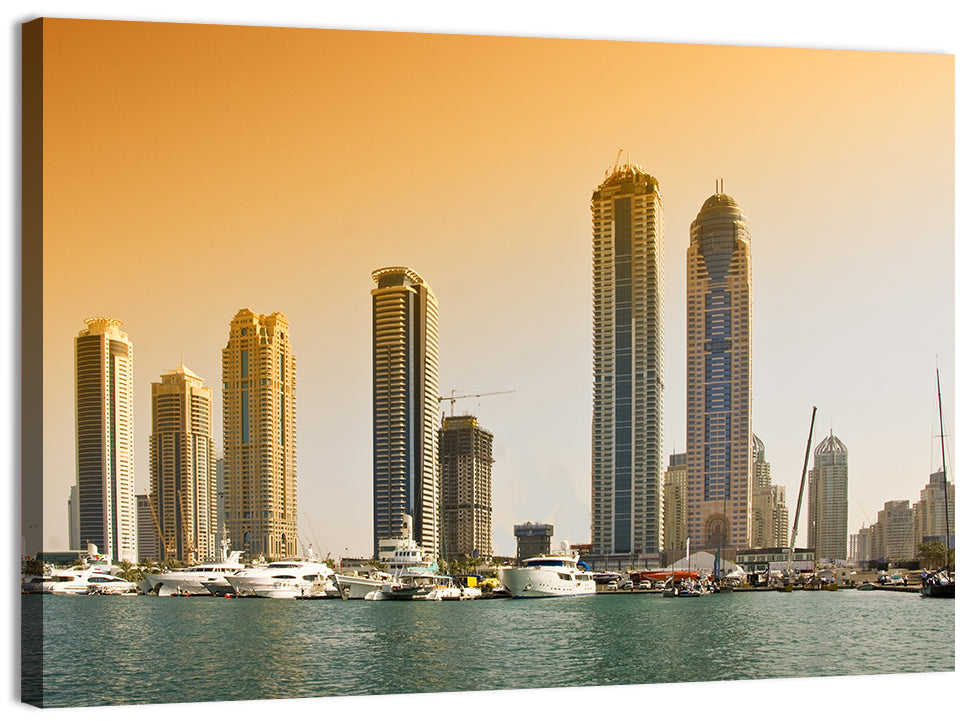 Dubai Marina Sunset Skyline with Yachts Wall Art, canvas print, landscape