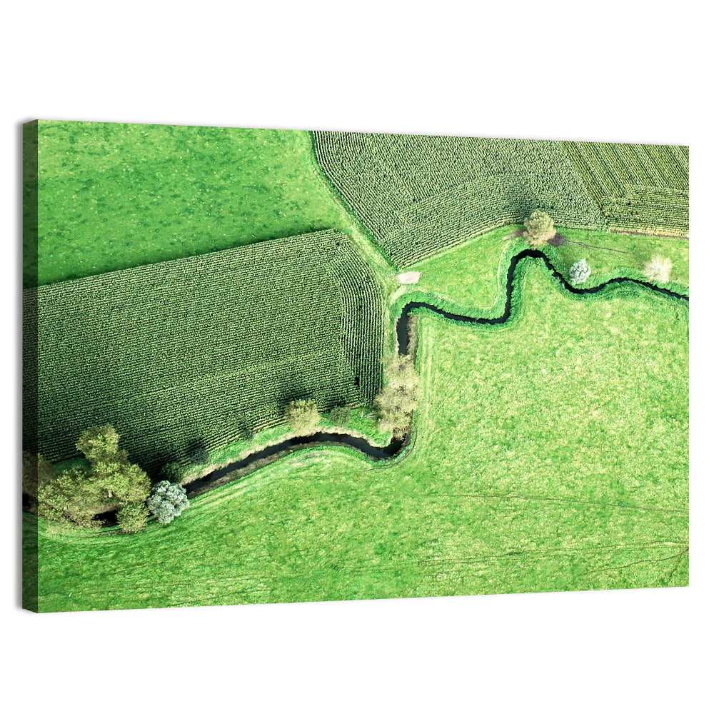 Meandering Stream Over Farmland Wall Art, canvas print, landscape