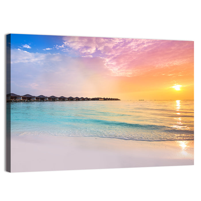Overwater Bungalows at Sunset Wall Art as a canvas print