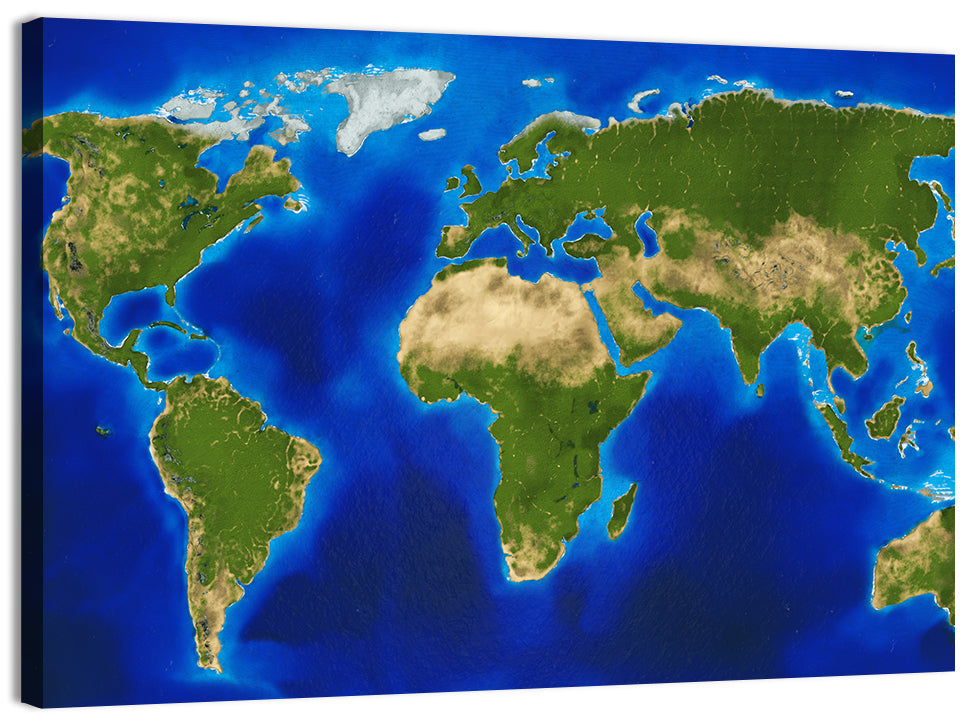 Satellite-style Blue World Map Wall Art, canvas print, landscape
