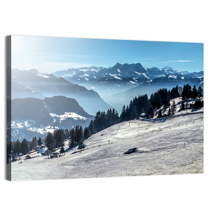 Sunlit Alpine Ski Slope Wall Art as a canvas print
