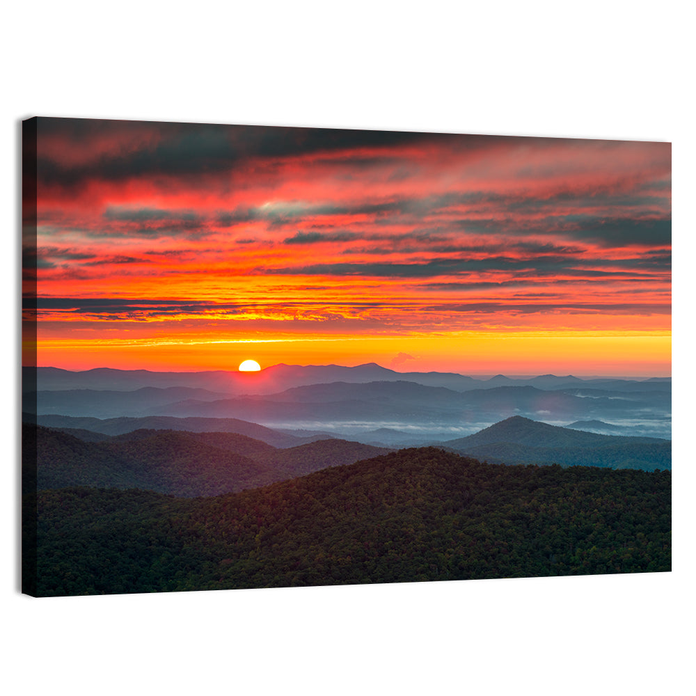 Blue Ridge Sunrise Over Misty Ridges Wall Art, canvas print, landscape