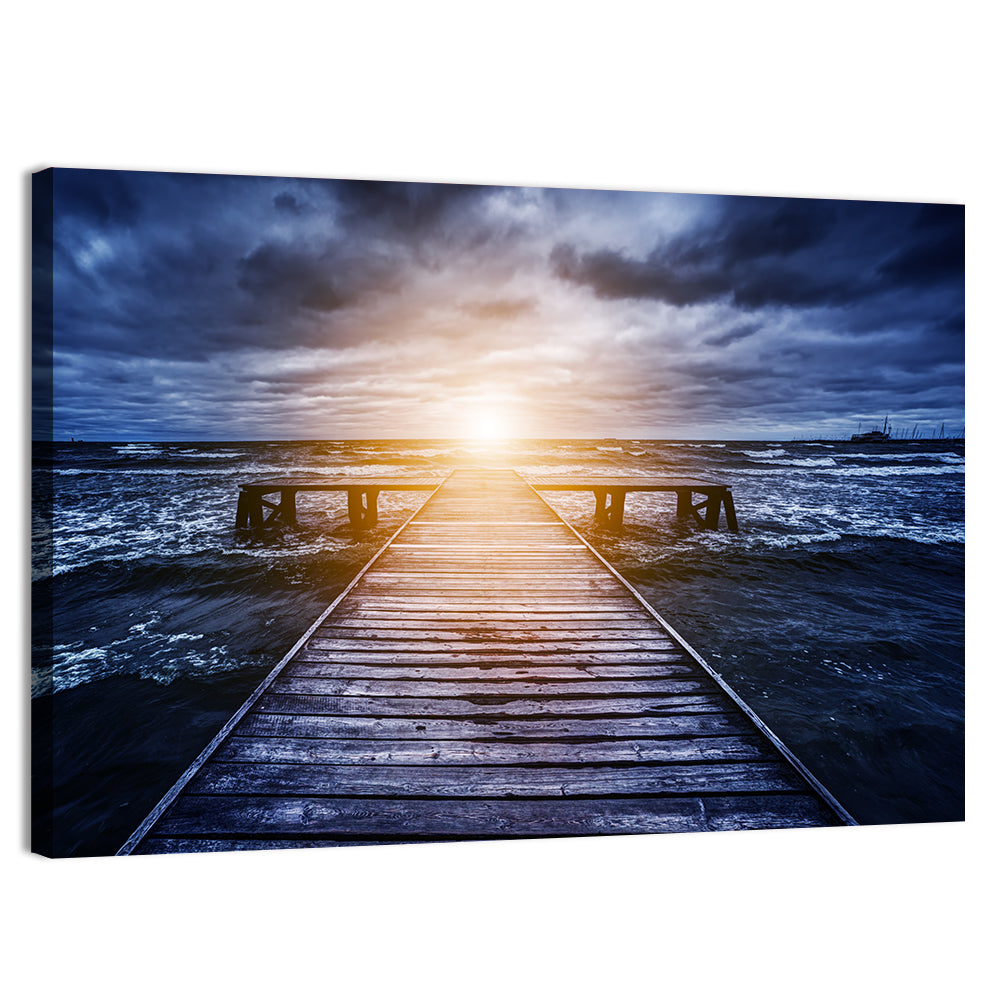 Sunlit Wooden Jetty at Dusk Wall Art