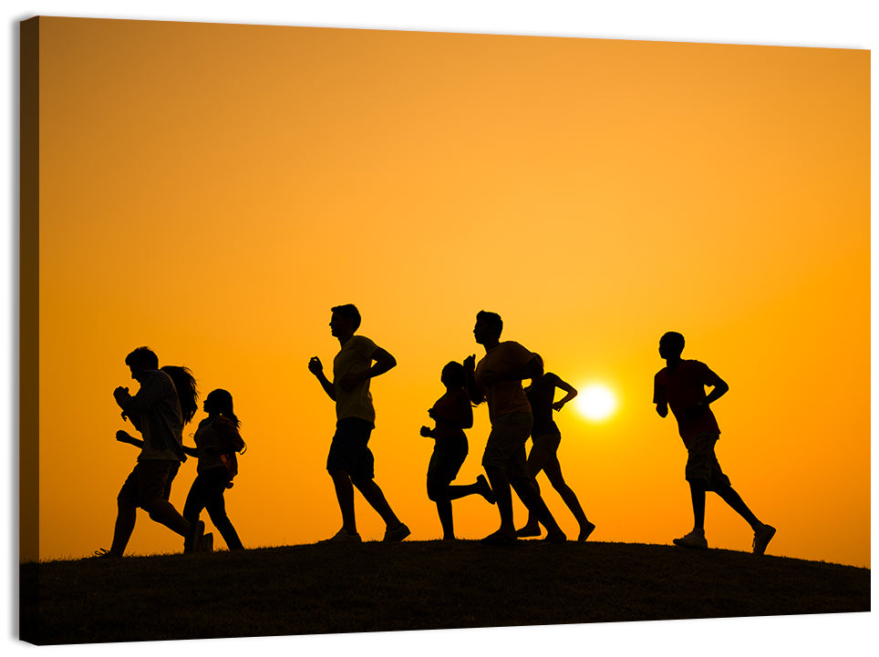 Six Runners Silhouette at Golden Sunset Wall Art
