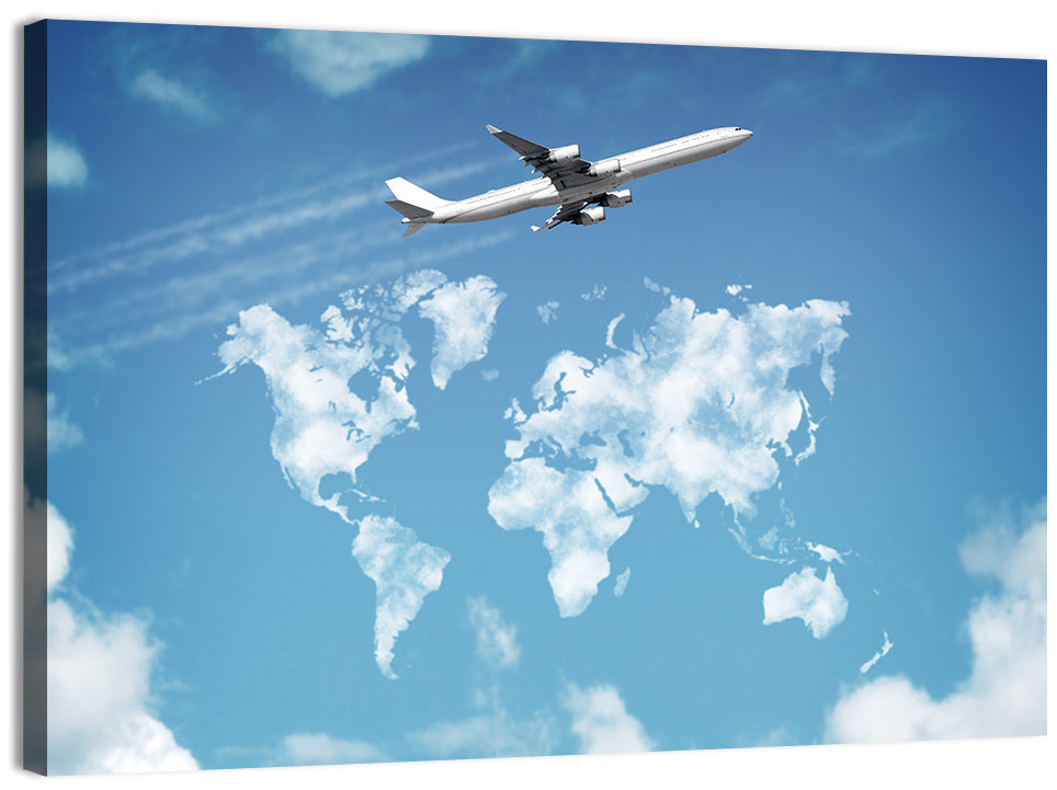 Jet Over Cloud World Map Wall Art, canvas print, landscape