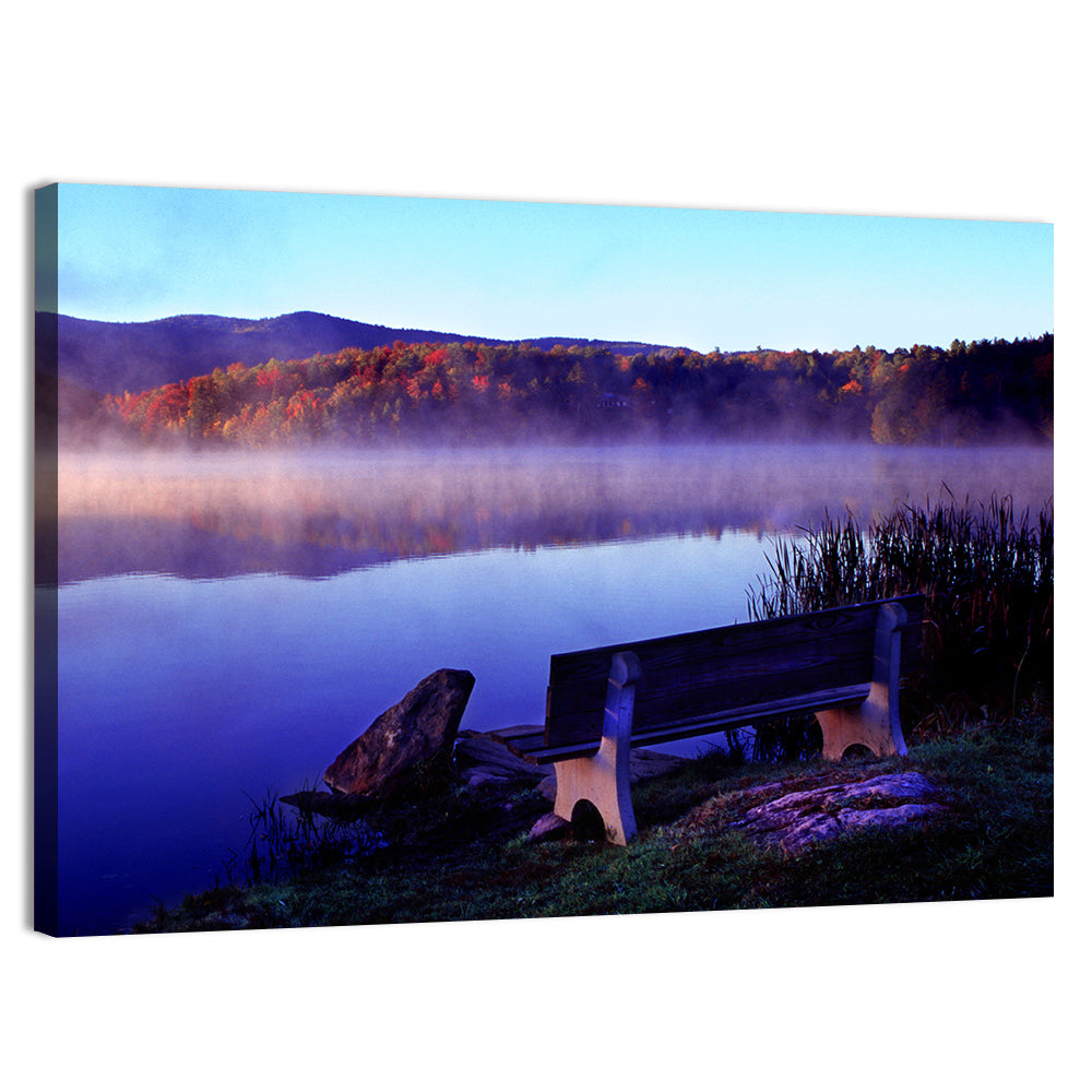 Bench at Misty Lake Sunrise Wall Art