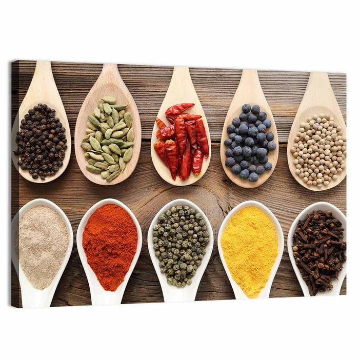 Ten Wooden Spoons of Spices Wall Art as a canvas print