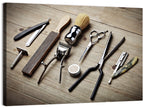 Vintage Barber Tools on Wooden Workbench Wall Art
