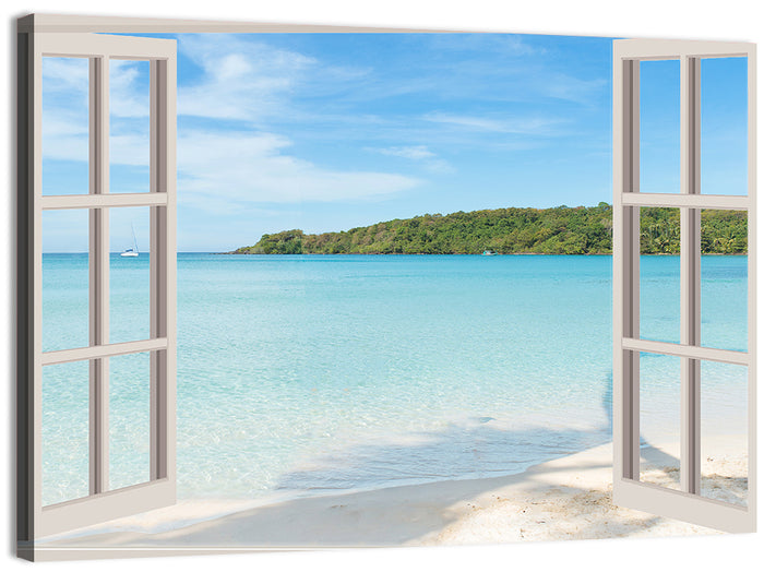 Turquoise Beach View Through Window Wall Art as a canvas print
