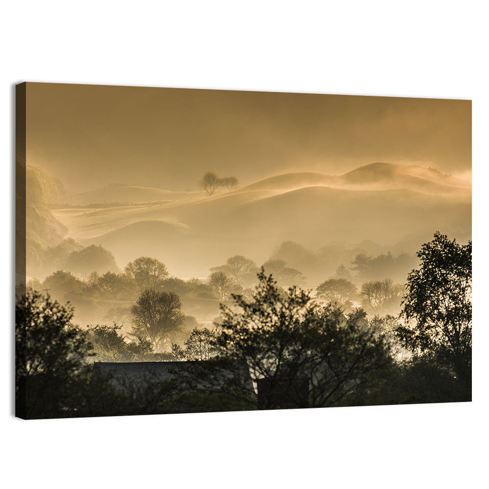 Bronze Morning Mist Over Hills Wall Art, canvas print, landscape