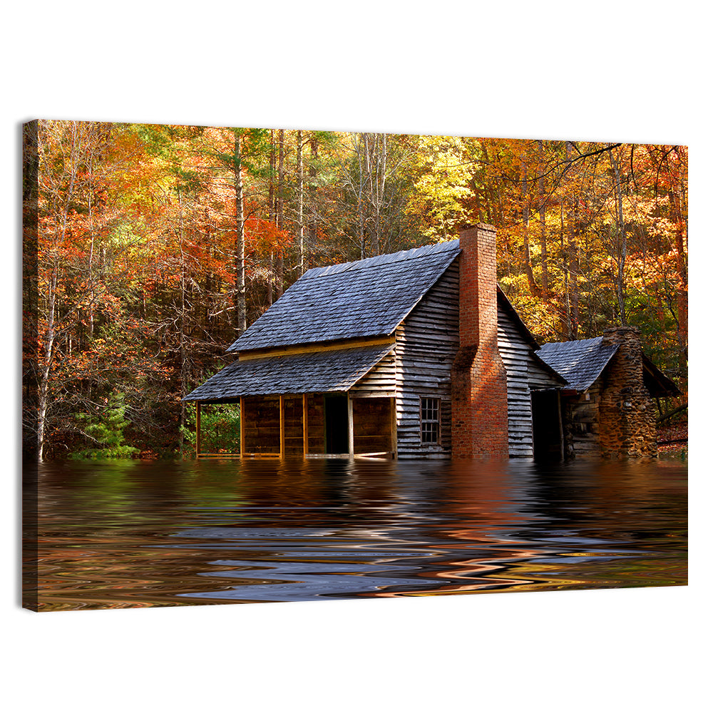 Autumn Flooded Log Cabin Wall Art