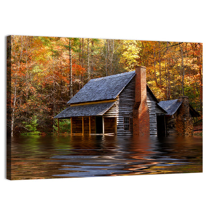 Autumn Flooded Log Cabin Wall Art