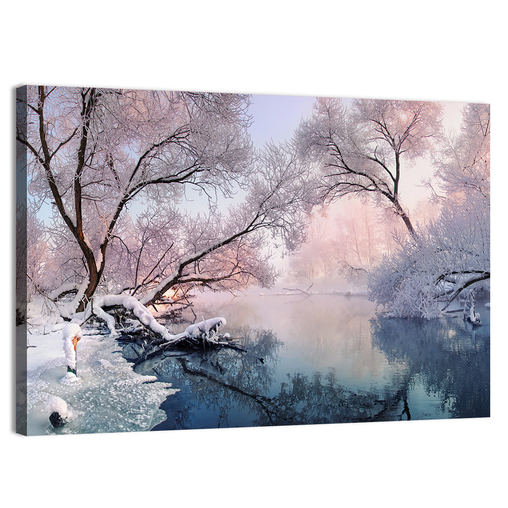 Snowy Lake Morning Mist Wall Art
