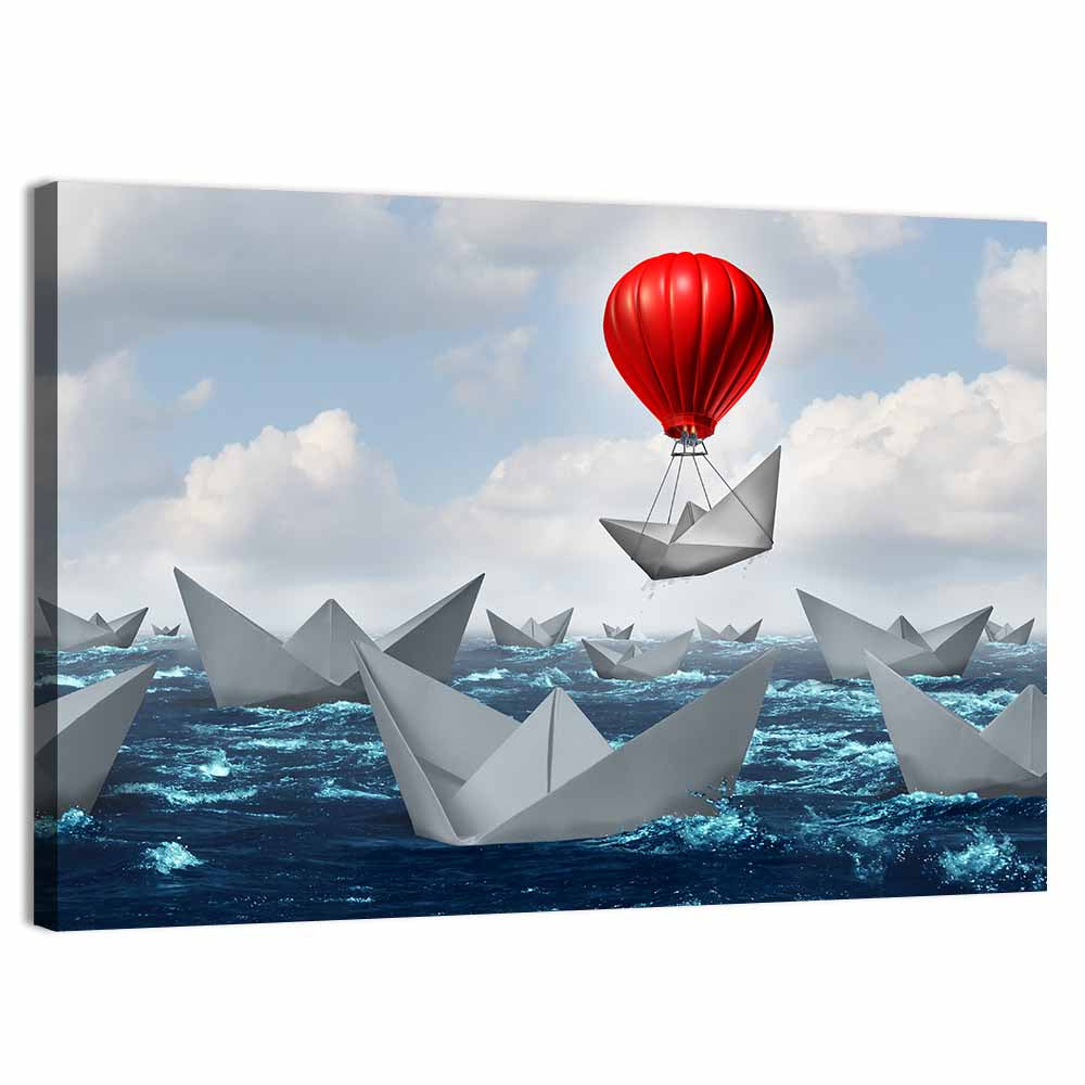 Red Balloon Lifts Paper Boat Wall Art