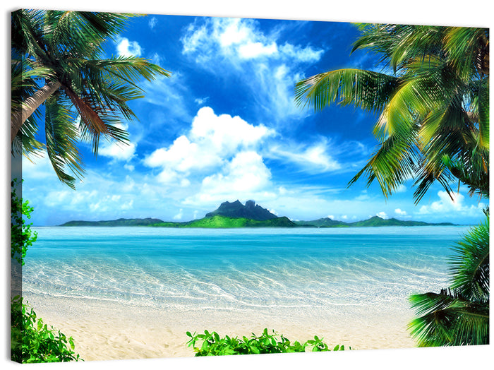 Palm-framed Tropical Island Beach Wall Art as a canvas print