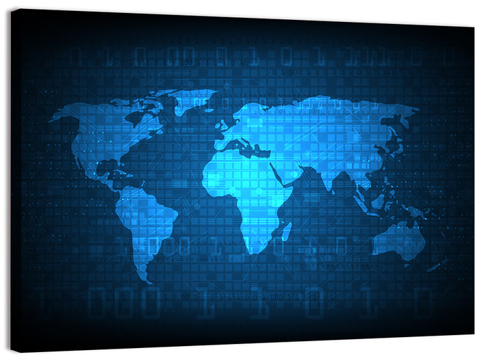 Binary Grid World Map Wall Art as a canvas print