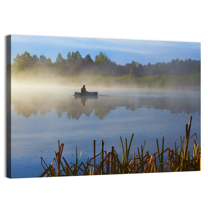 Misty Lake Fisherman Wall Art as a canvas print