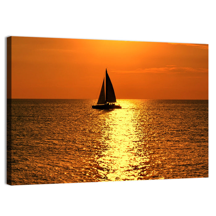 Sailboat Silhouette at Golden Sunset Wall Art as a canvas print