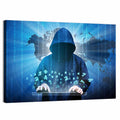 Hooded Hacker with Binary Map Wall Art