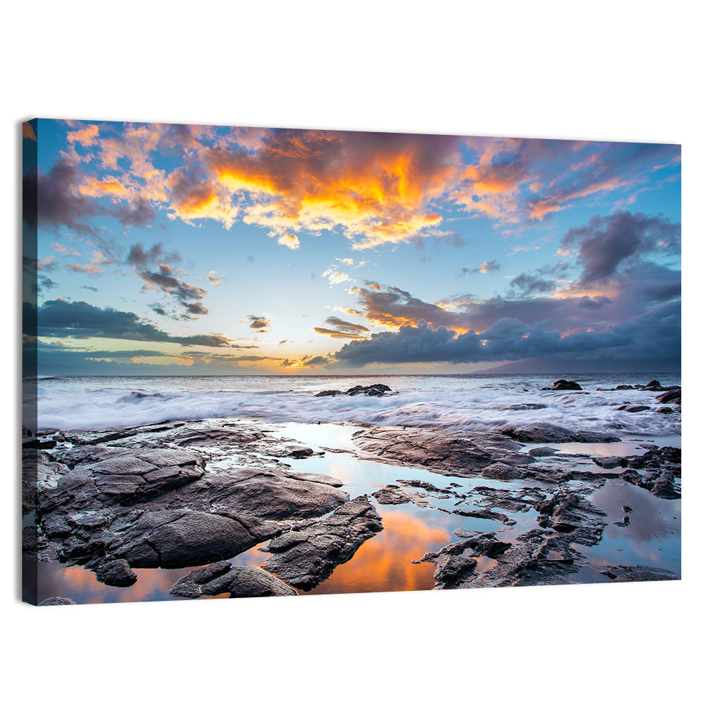 Sunset Over Volcanic Shore Wall Art, canvas print, landscape