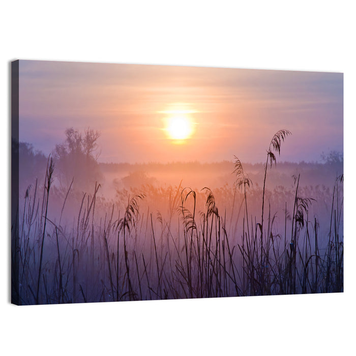 Lavender Sunrise Over Reeds Wall Art as a canvas print