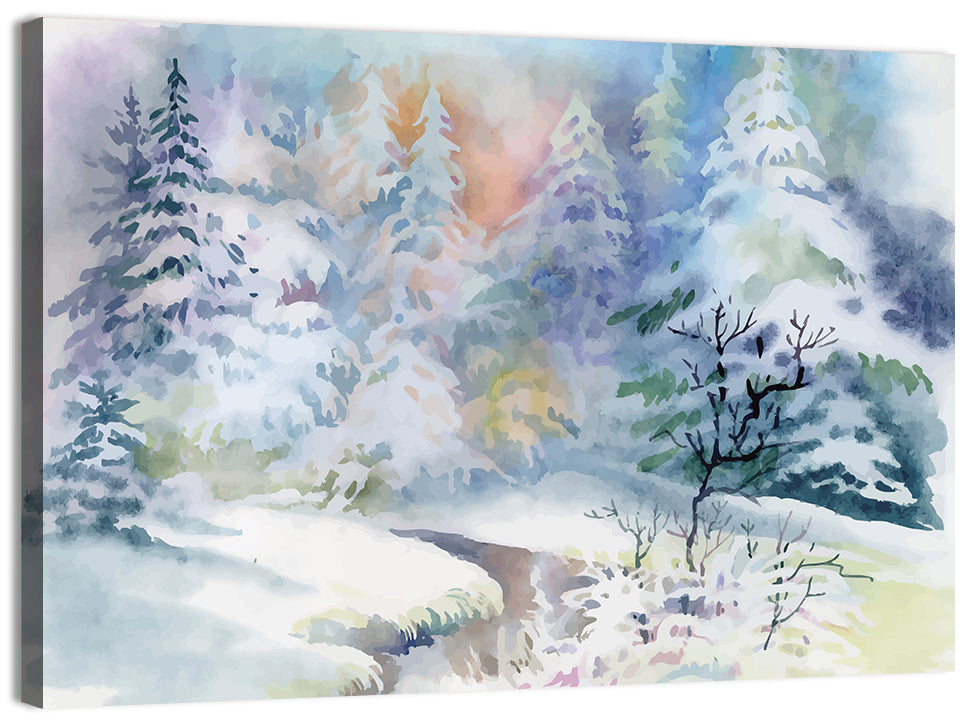 Winding Winter Stream Watercolor Wall Art, canvas print, landscape