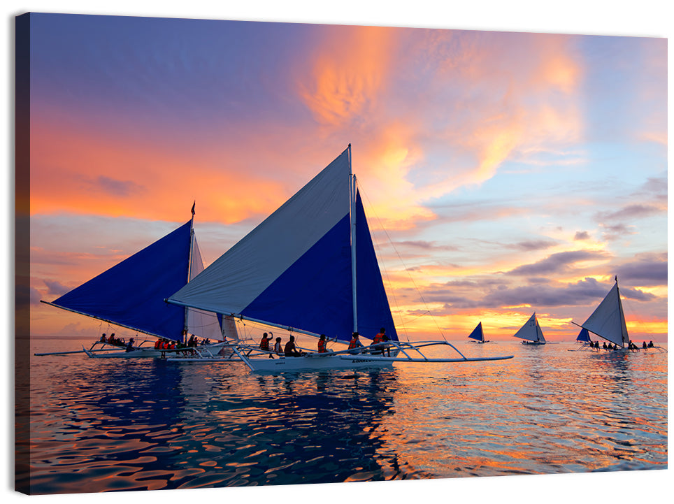 Outrigger Sailboats at Sunset Wall Art, canvas print, landscape