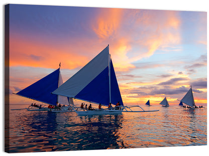 Outrigger Sailboats at Sunset Wall Art