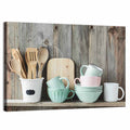 Rustic Shelf with Utensils and Pastel Bowls Wall Art