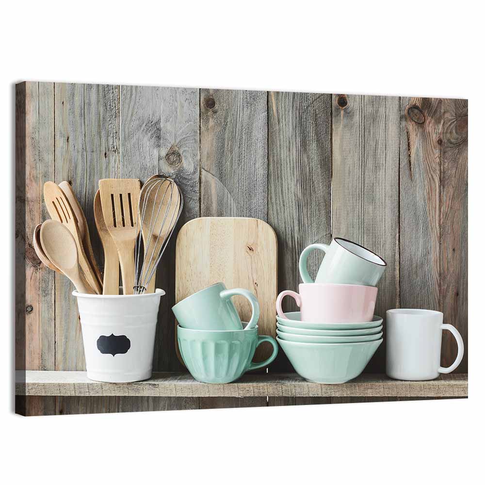 Rustic Shelf with Utensils and Pastel Bowls Wall Art