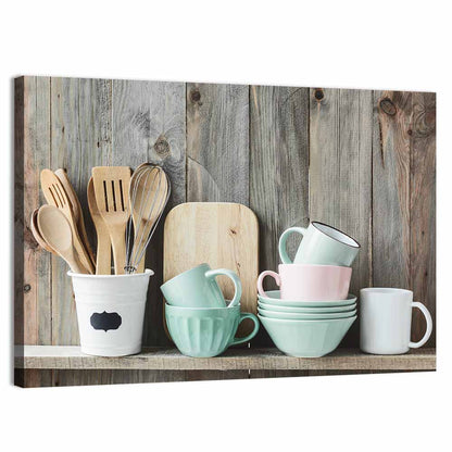 Rustic Shelf with Utensils and Pastel Bowls Wall Art