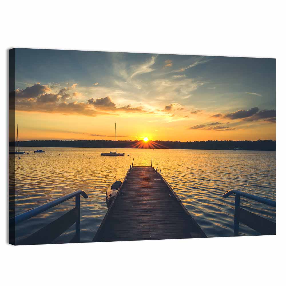 Sunset Pier with Sailboat Wall Art