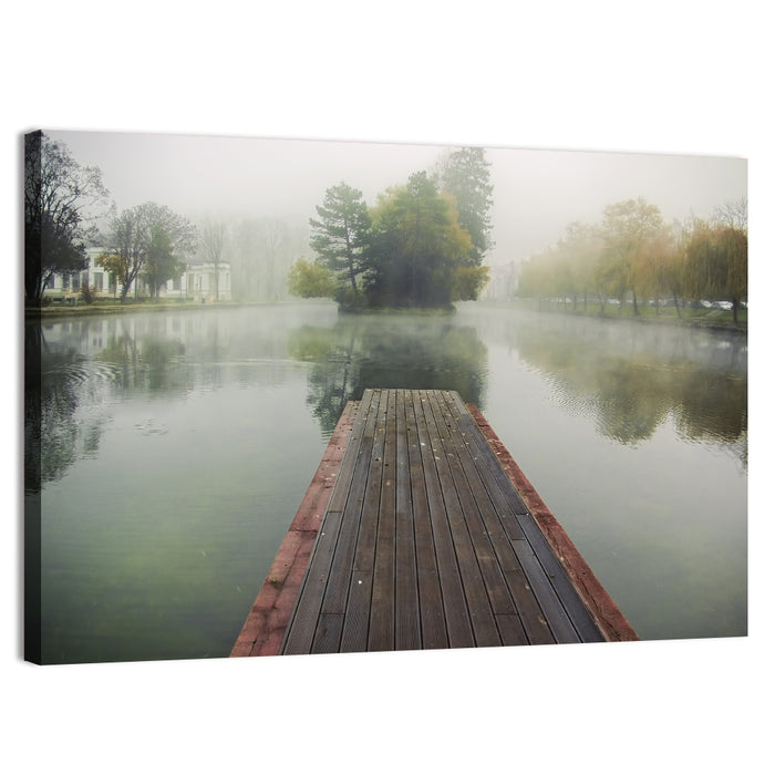 Wooden Pier on Foggy Lake Wall Art as a canvas print