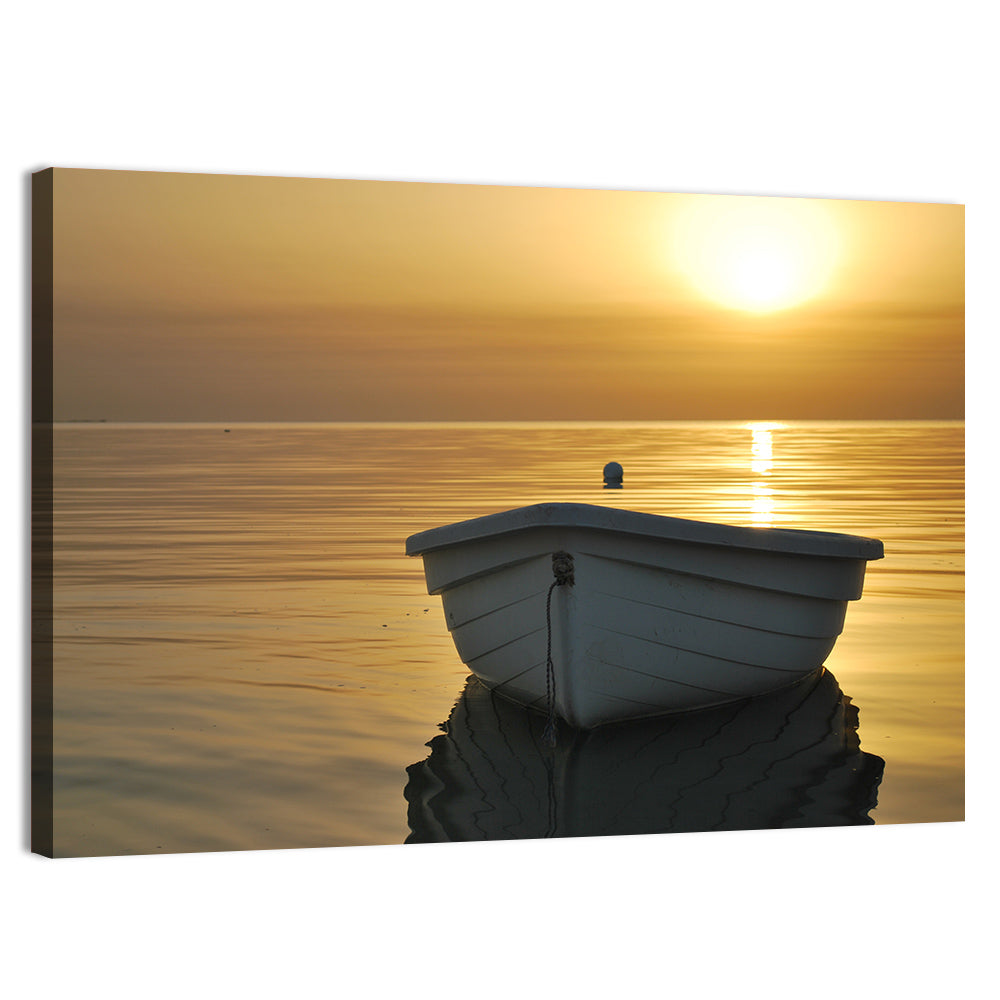 White Rowboat on Golden Sea Wall Art, canvas print, landscape