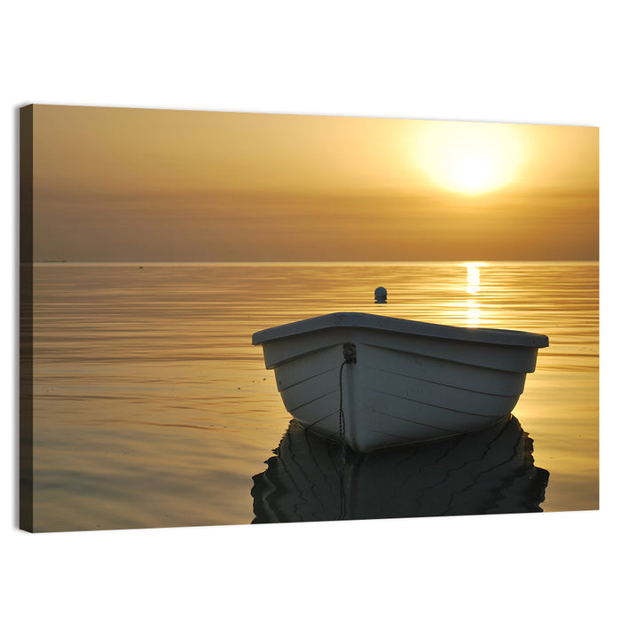 White Rowboat on Golden Sea Wall Art as a canvas print