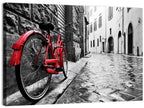 Red Bicycle on Rainy Cobblestone Street Wall Art