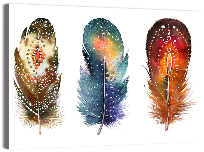 Boho Watercolor Feather Trio Wall Art as a canvas print