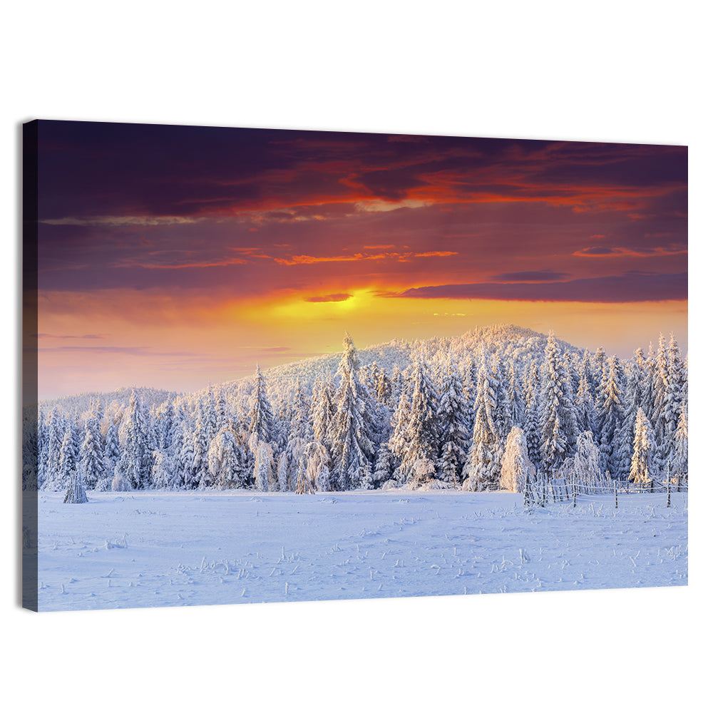 Snowy Forest Sunset Wall Art, canvas print, landscape