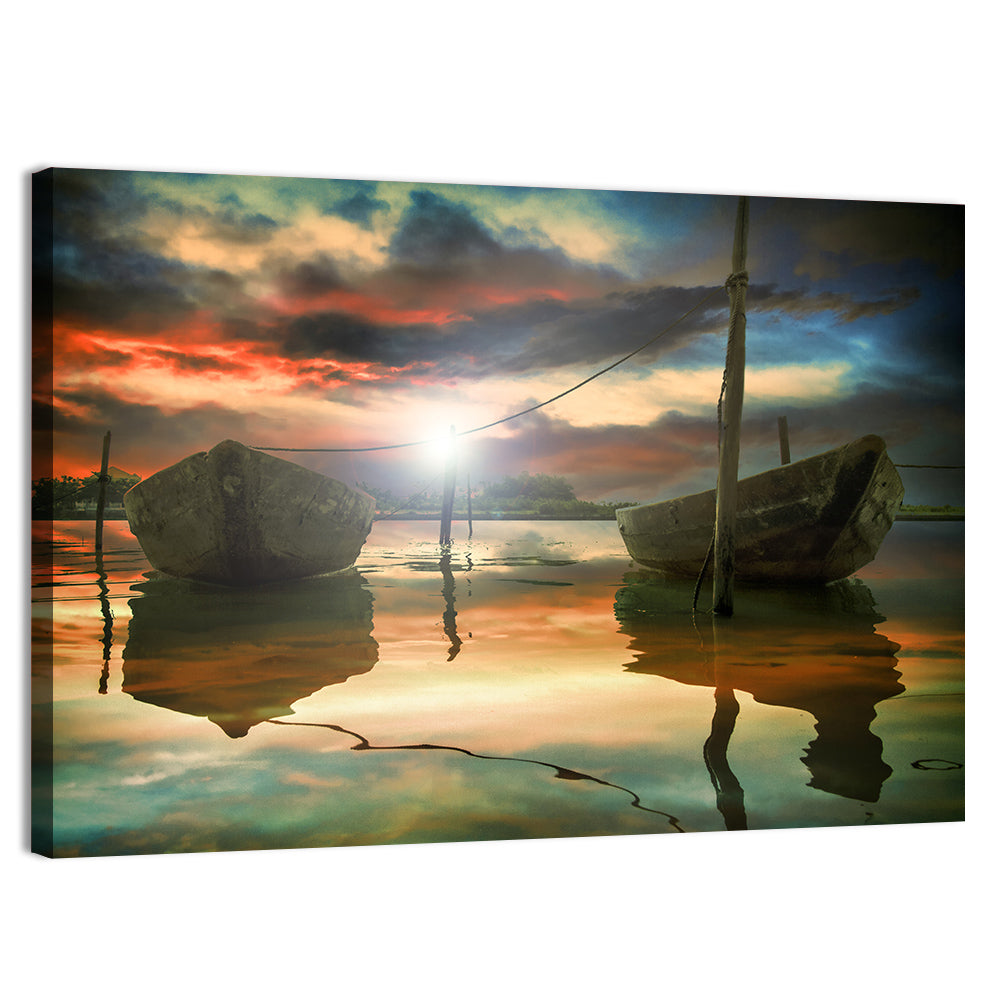Two Wooden Boats at Sunset Wall Art, canvas print, landscape