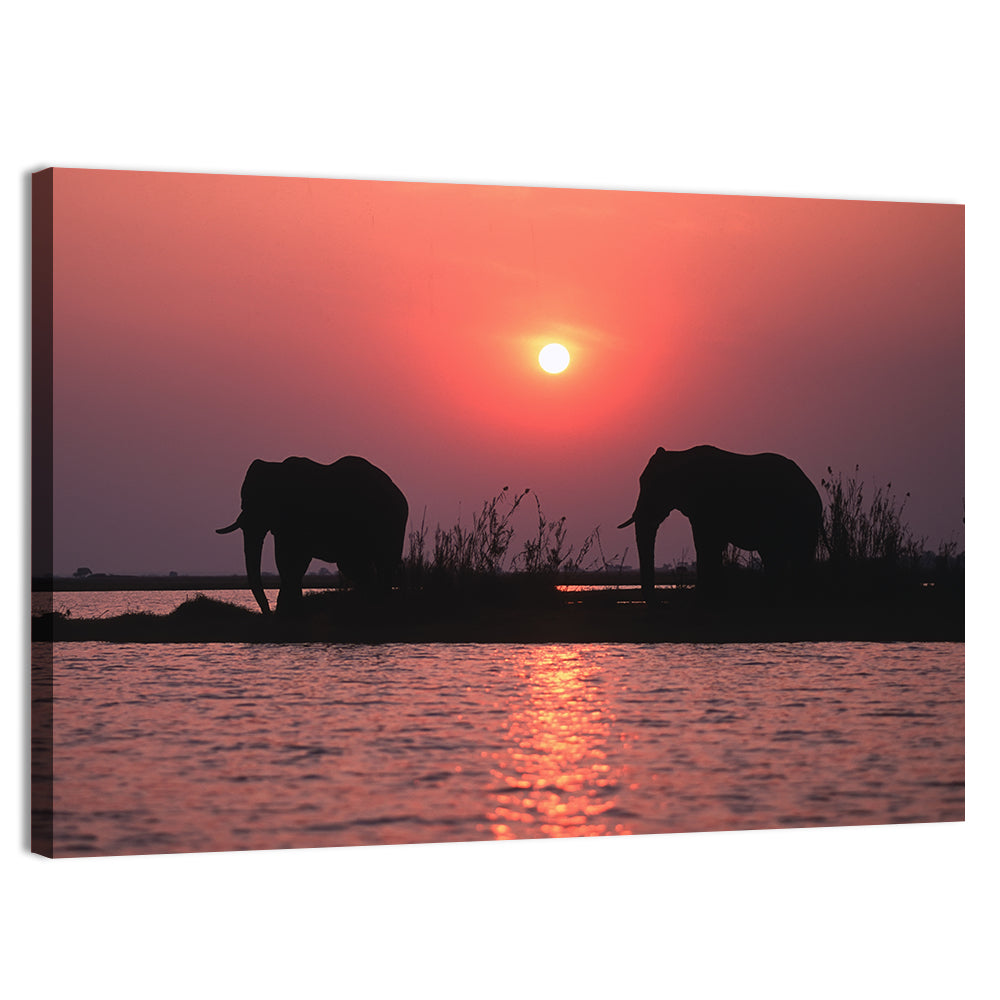 Elephants at Sunset Silhouette Wall Art