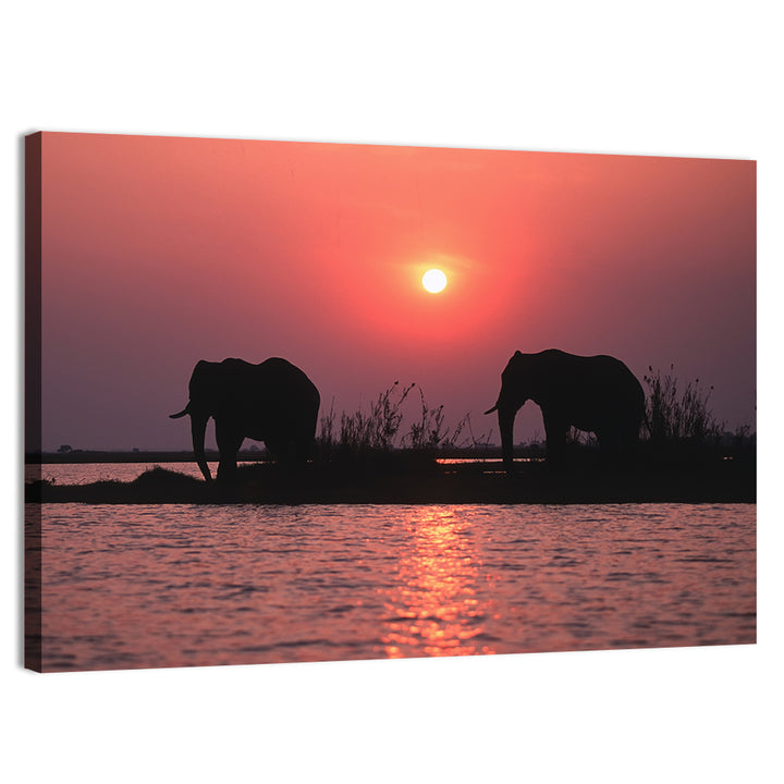 Elephants at Sunset Silhouette Wall Art