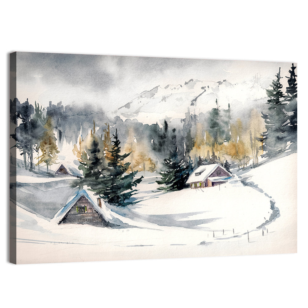 Snowy Mountain Village Watercolor Wall Art, canvas print, landscape